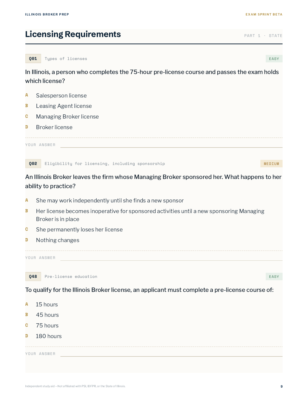 Illinois state question — sample screen from the Exam Sprint Beta study app