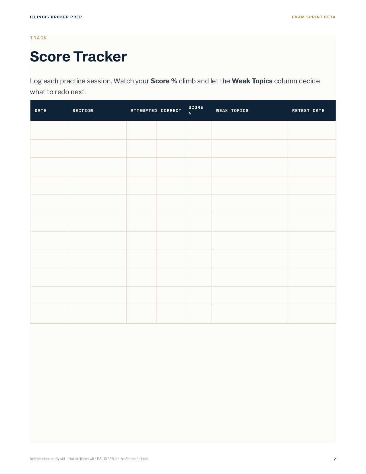 Score tracker — sample screen from the Exam Sprint Beta study app
